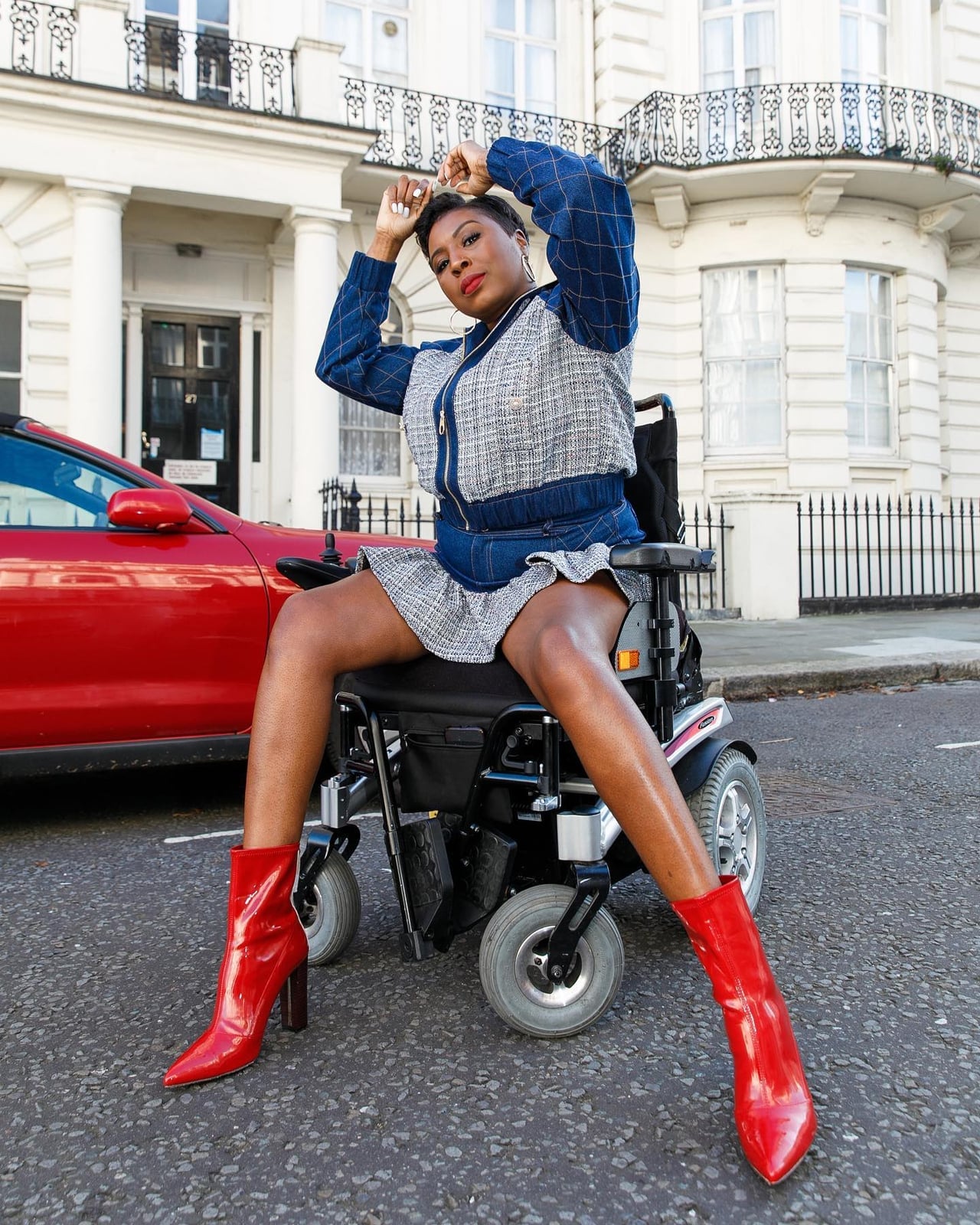 Red Pointed Toe Boots With Tweed Jacket And Denim — Trendy Red Boots Outfit