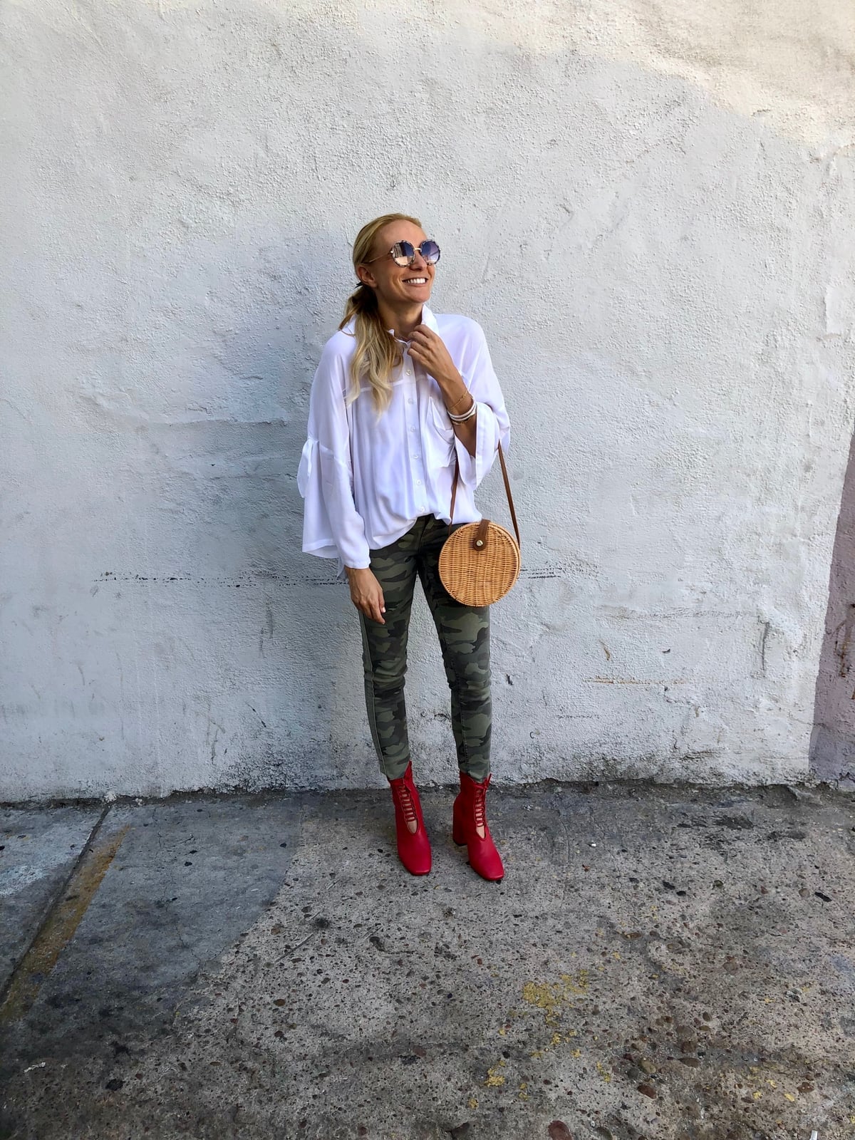 Red Block Heel Boots With Camouflage Pants — Trendy Red Boots Outfit