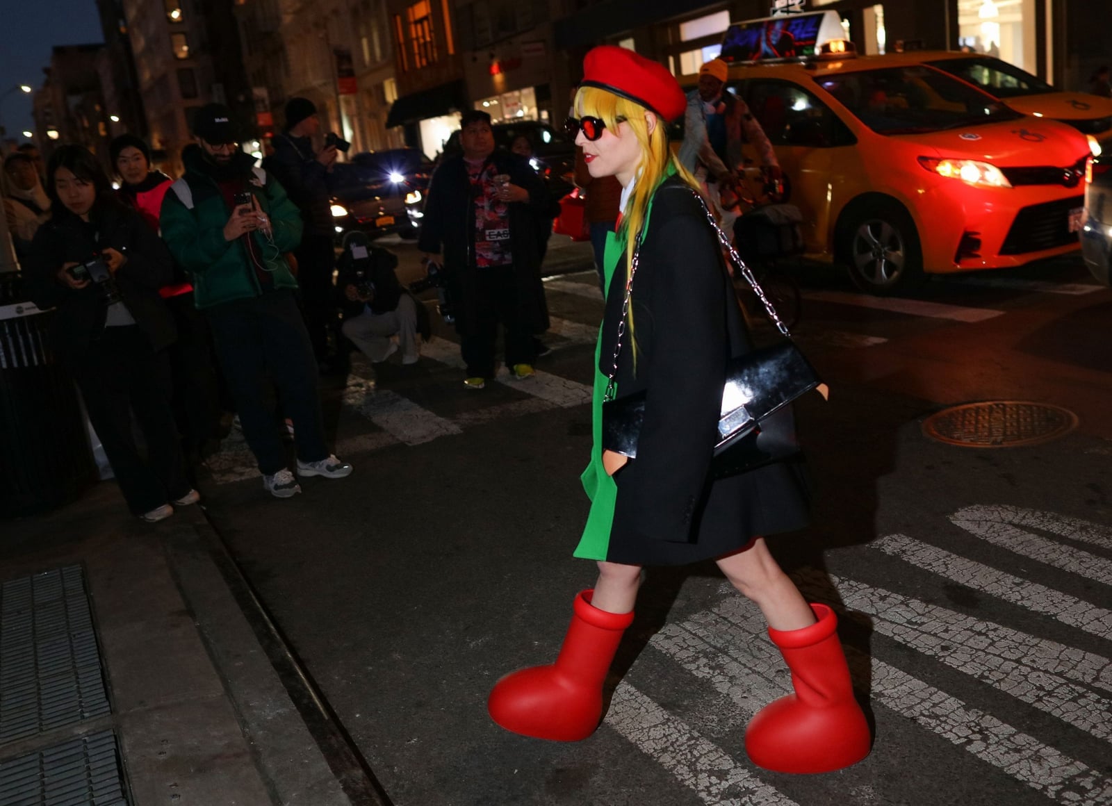 Oversized Red Boots With Black Blazer And Mini Skirt — Trendy Red Boots Outfit