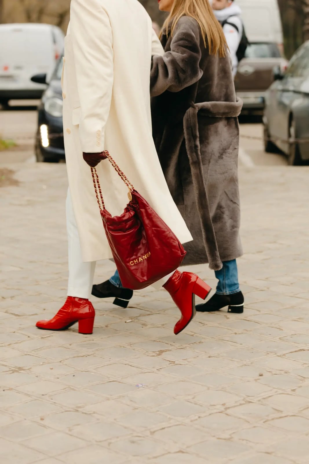 Red Patent Leather Boots With White Coat — Trendy Red Boots Outfit