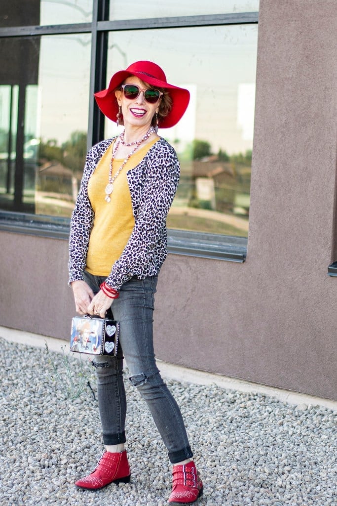 Red Ankle Boots With Skinny Jeans And Leopard Cardigan — Trendy Red Boots Outfit