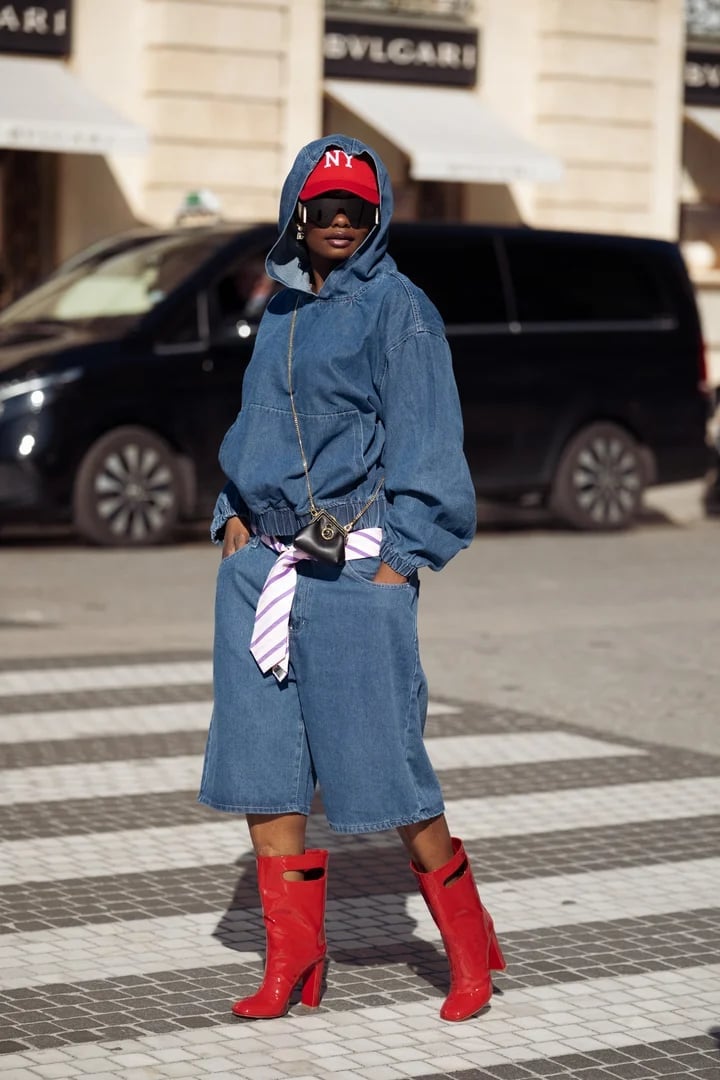 Red Leather Boots With Denim Set And Cap — Trendy Red Boots Outfit