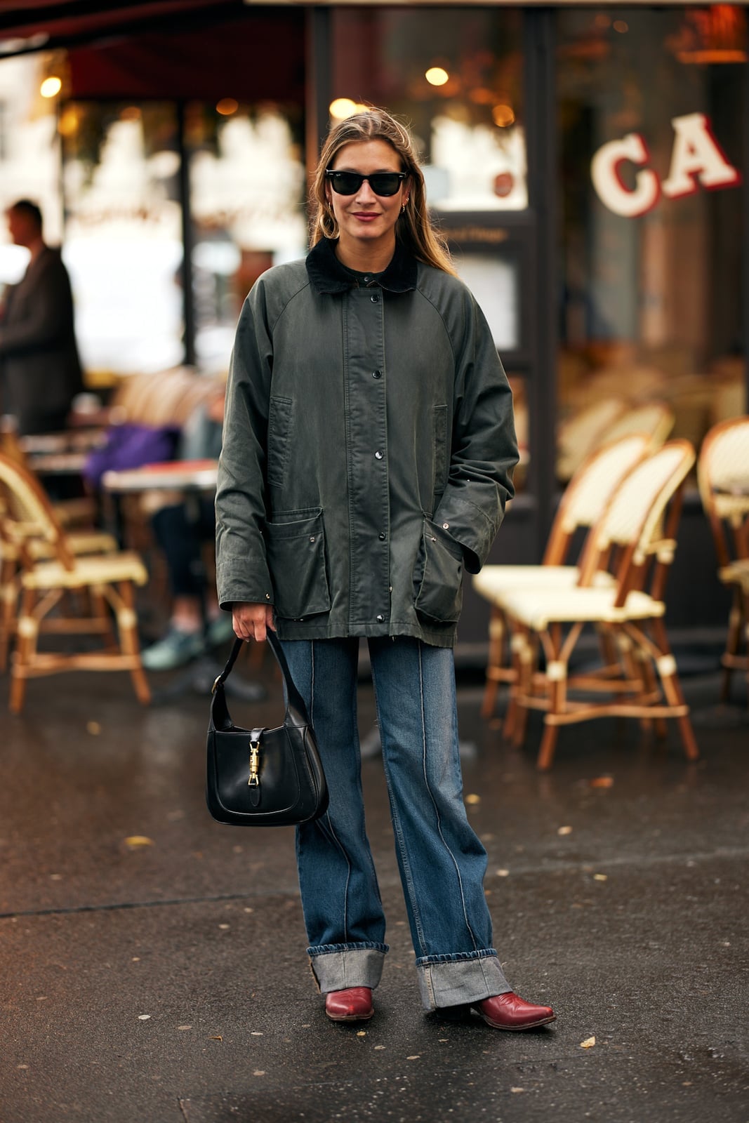 Red Pointed Toe Boots With Waxed Jacket And Jeans — Trendy Red Boots Outfit