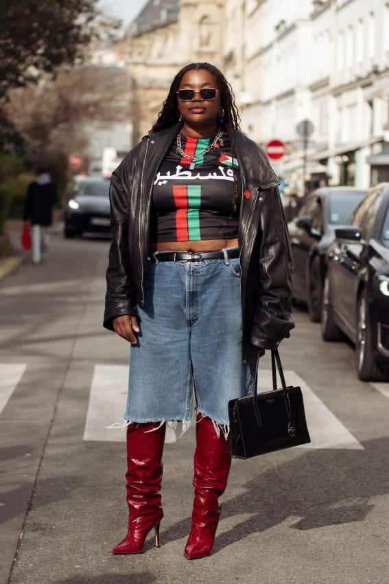 Red Slouchy Boots With Denim Shorts And Crop Top — Trendy Red Boots Outfit
