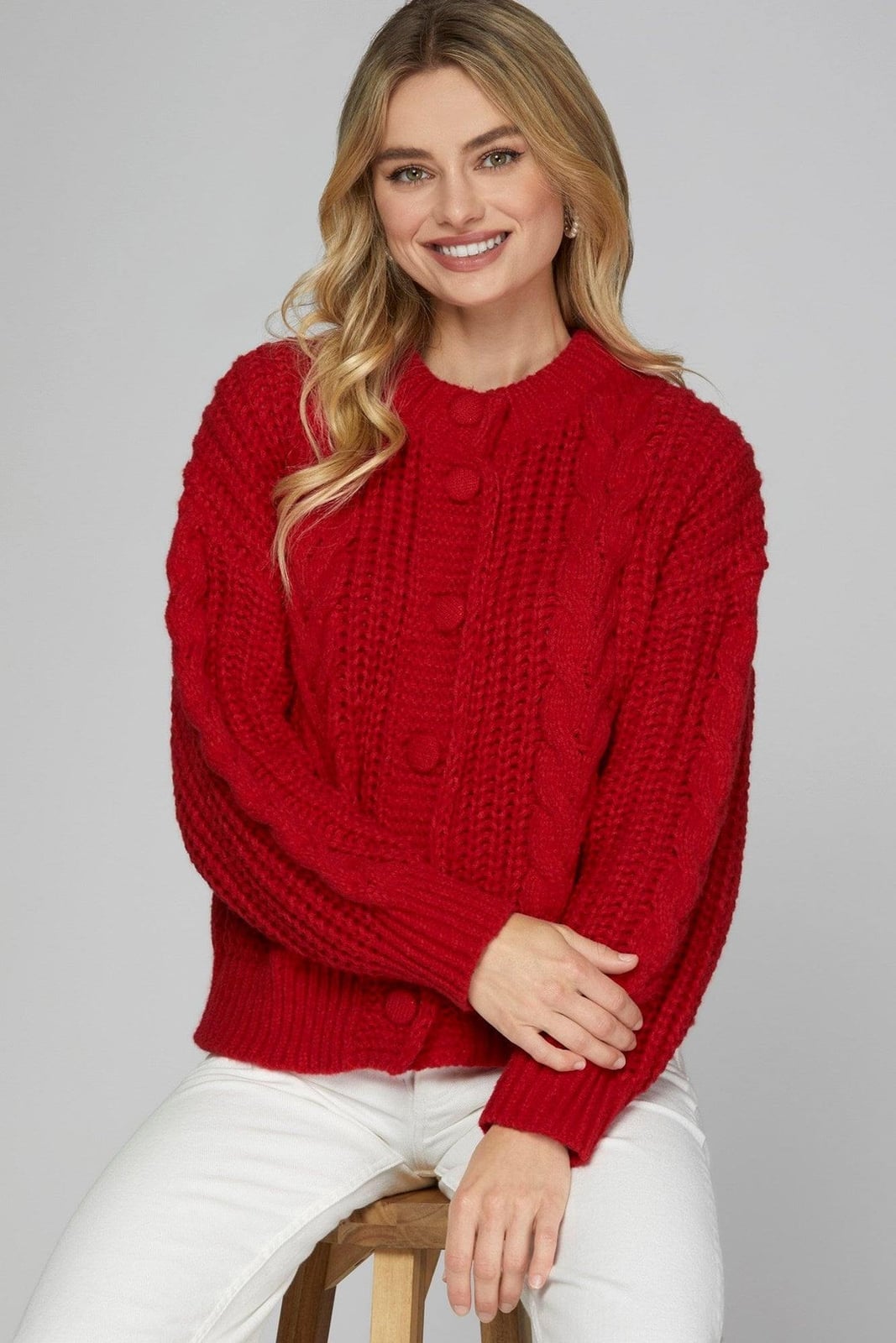 Cable Knit Red Cardigan Details Cable Knit Red Cardigan Details — Trendy Red Cardigan Outfit
