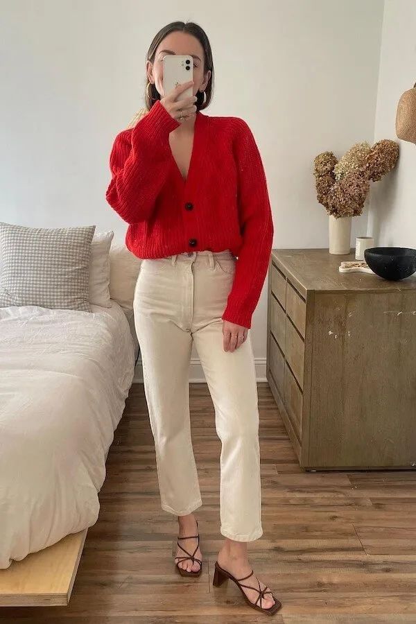 Fitted Red Cardigan With Cream Pants Fitted Red Cardigan With Cream Pants — Trendy Red Cardigan Outfit