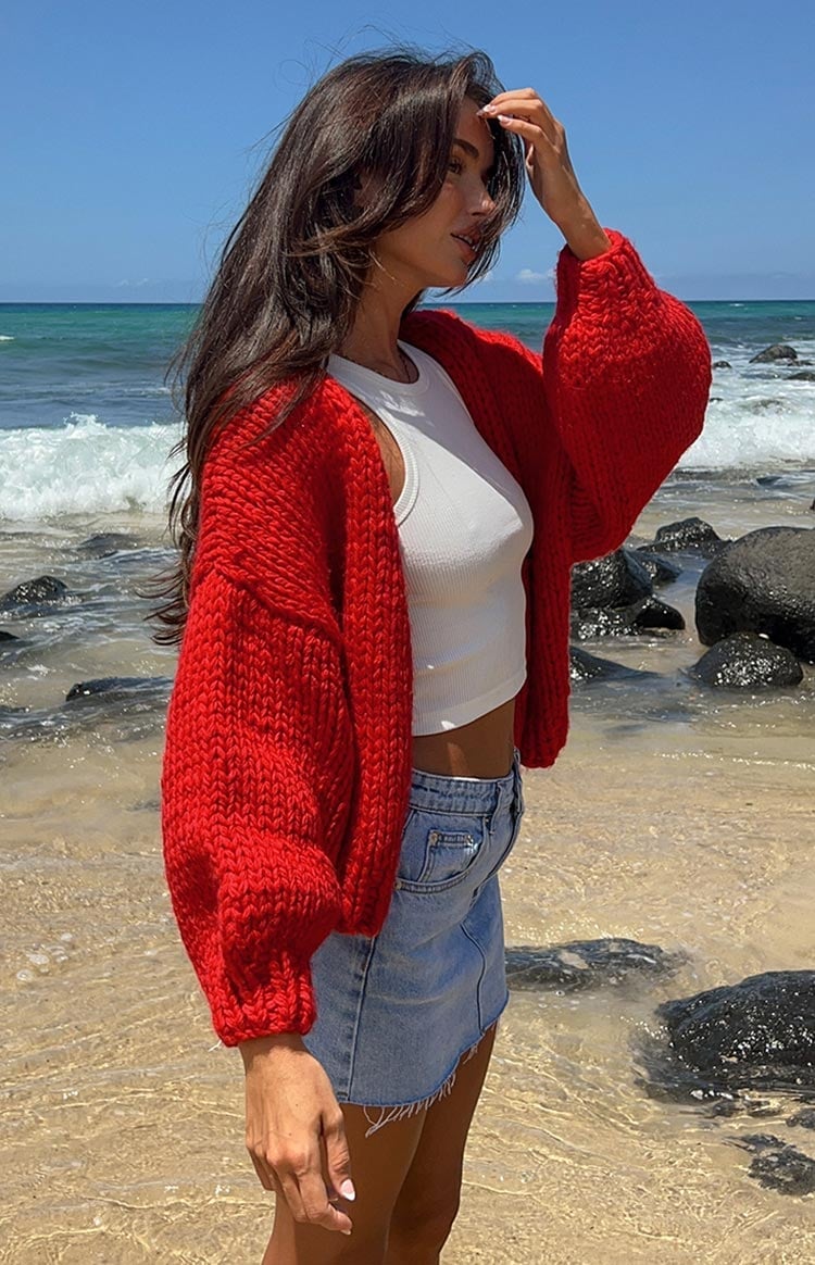 Chunky Knit Red Cardigan With Denim Mini Skirt Chunky Knit Red Cardigan With Denim Mini Skirt — Trendy Red Cardigan Outfit