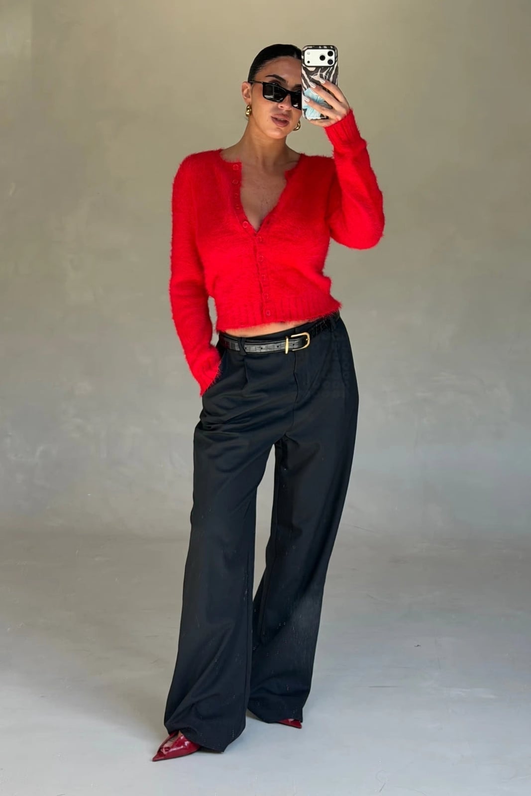 Fluffy Red Cardigan With Black Wide Leg Pants Fluffy Red Cardigan With Black Wide Leg Pants — Trendy Red Cardigan Outfit