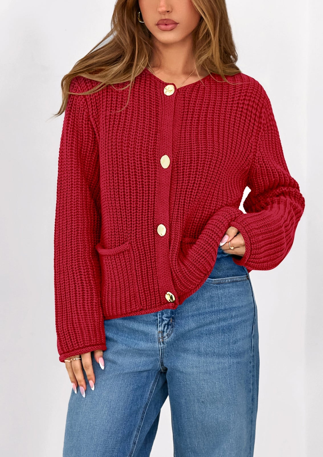 Chunky Knit Red Cardigan With Blue Jeans Chunky Knit Red Cardigan With Blue Jeans — Trendy Red Cardigan Outfit