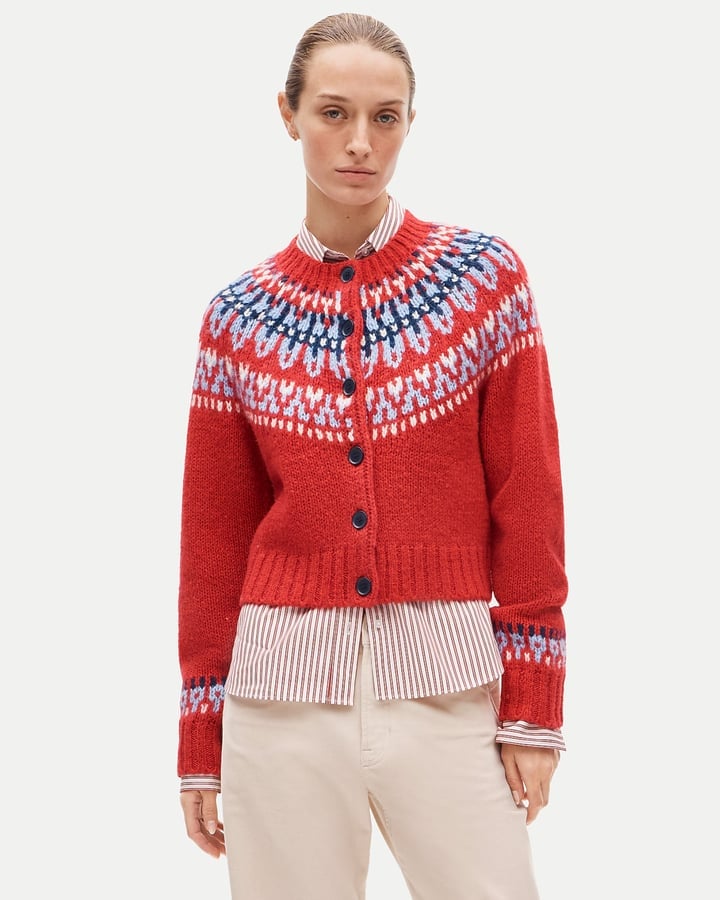 Fair Isle Red Cardigan Over Striped Shirt Fair Isle Red Cardigan Over Striped Shirt — Trendy Red Cardigan Outfit