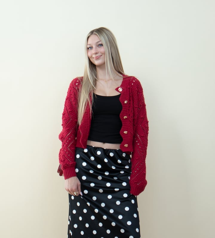 Textured Red Cardigan With Polka Dot Skirt Textured Red Cardigan With Polka Dot Skirt — Trendy Red Cardigan Outfit