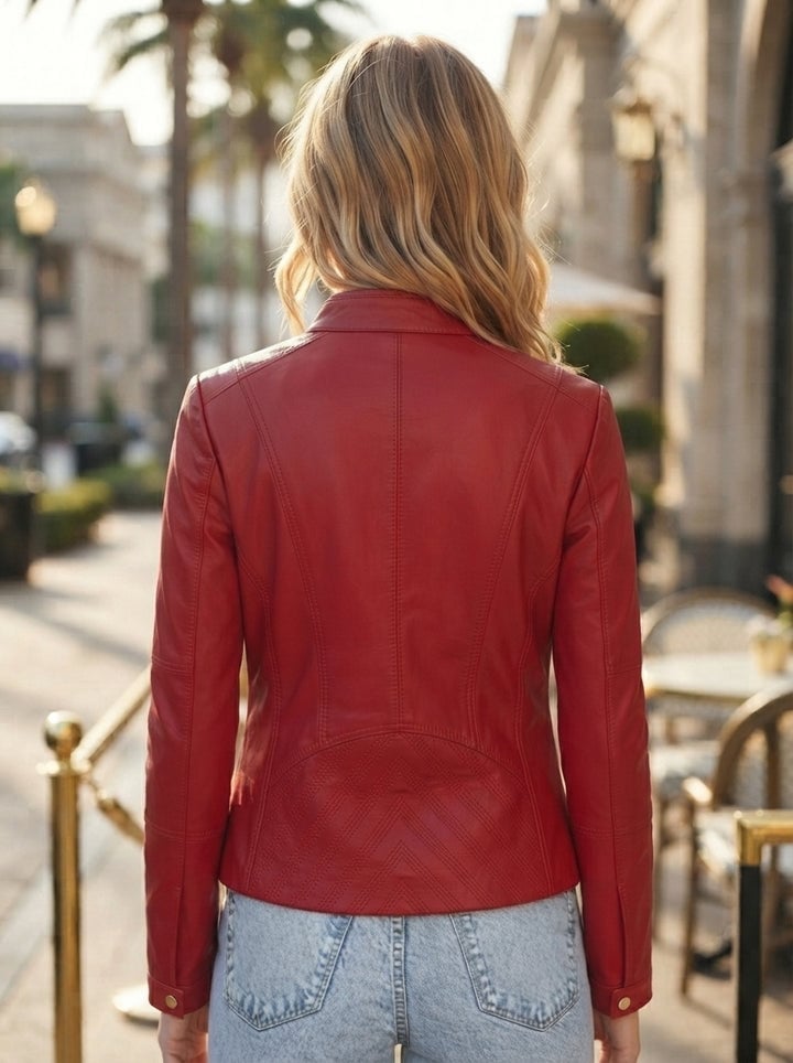 Fitted Red Leather Jacket With Quilted Hem Detail, Close-Up Take Fitted Red Leather Jacket With Quilted Hem Detail, Close-Up Take — Trendy Red Leather Jacket Outfit