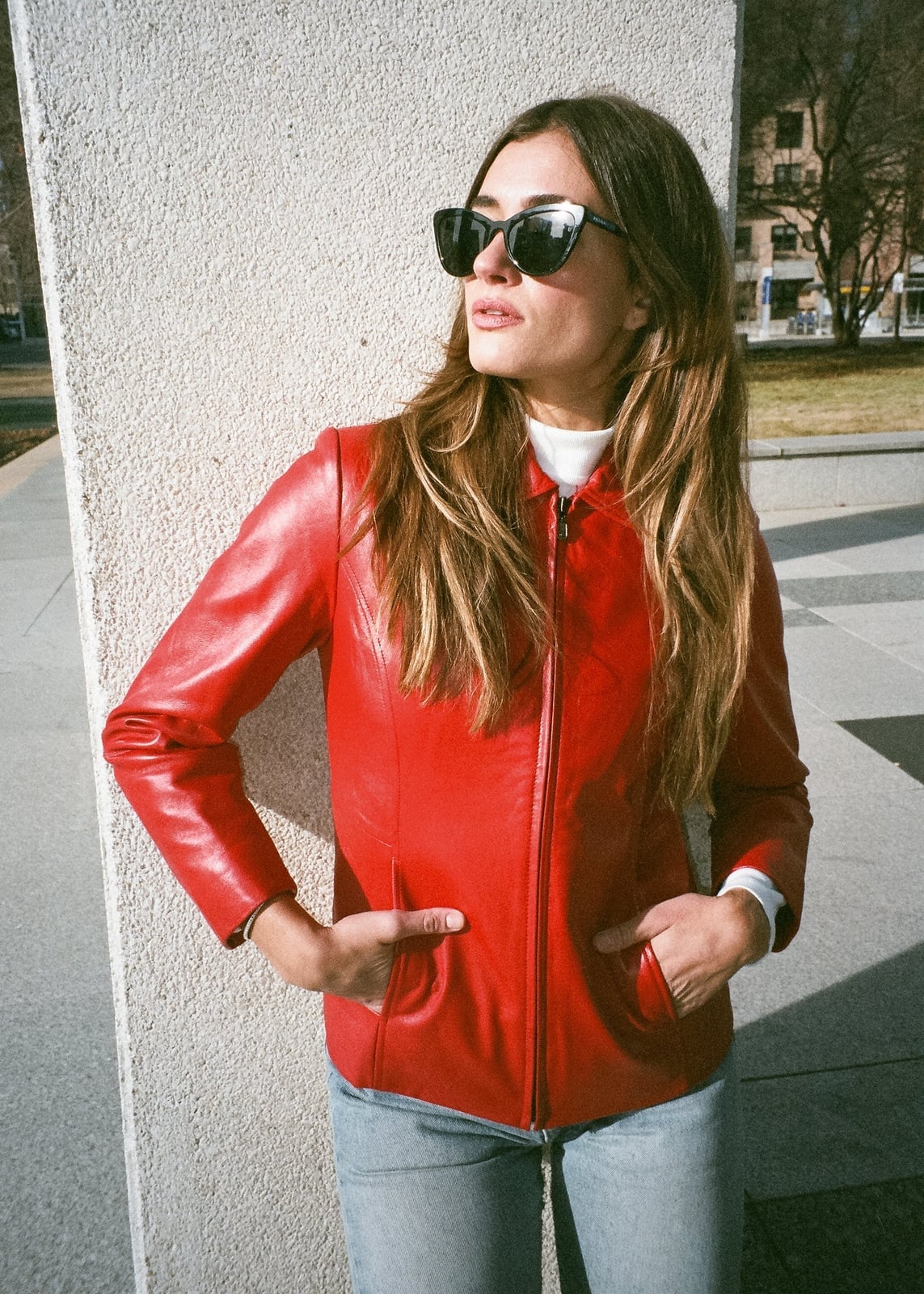 Fitted Red Leather Jacket With Zip Front Over, Office-Safe Version Fitted Red Leather Jacket With Zip Front Over, Office-Safe Version — Trendy Red Leather Jacket Outfit
