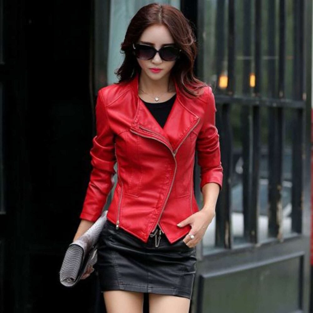 Fitted Red Leather Jacket With Asymmetrical Zip, Everyday Version Fitted Red Leather Jacket With Asymmetrical Zip, Everyday Version — Trendy Red Leather Jacket Outfit