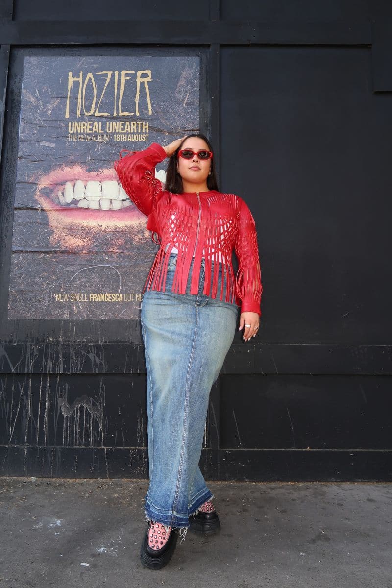 Oversized Red Leather Jacket With Cut Outs And Fringe, Chunky Loafers Oversized Red Leather Jacket With Cut Outs And Fringe, Chunky Loafers — Trendy Red Leather Jacket Outfit