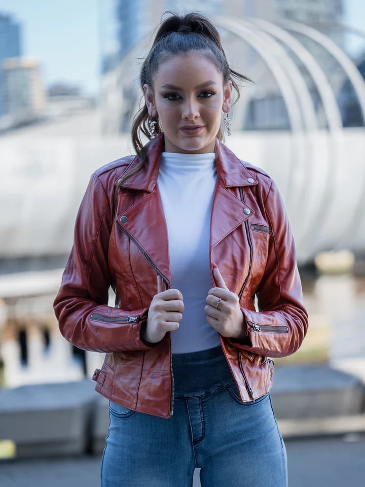 Fitted Red Leather Biker Jacket With Asymmetrical, Softer Variation Fitted Red Leather Biker Jacket With Asymmetrical, Softer Variation — Trendy Red Leather Jacket Outfit