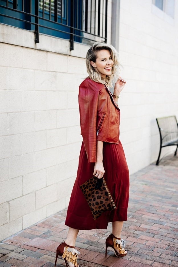 Fitted Red Leather Jacket Over Red Midi Dress Fitted Red Leather Jacket Over Red Midi Dress — Trendy Red Leather Jacket Outfit