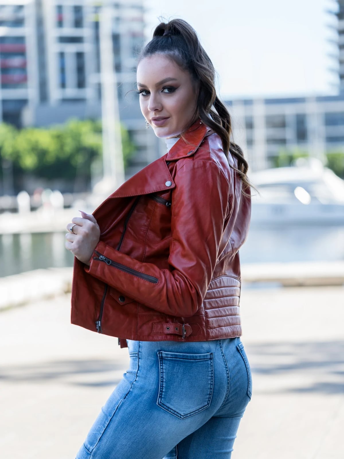 Fitted Red Leather Jacket With Asymmetrical Zip Over, Close-Up Take Fitted Red Leather Jacket With Asymmetrical Zip Over, Close-Up Take — Trendy Red Leather Jacket Outfit