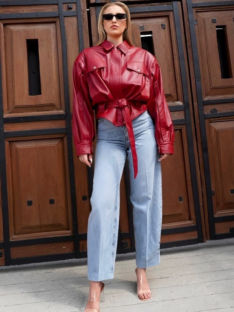 Red Leather Oversized Jacket Tied At Waist With Light Blue Wide-Leg Red Leather Oversized Jacket Tied At Waist With Light Blue Wide-Leg — Trendy Red Leather Jacket Outfit