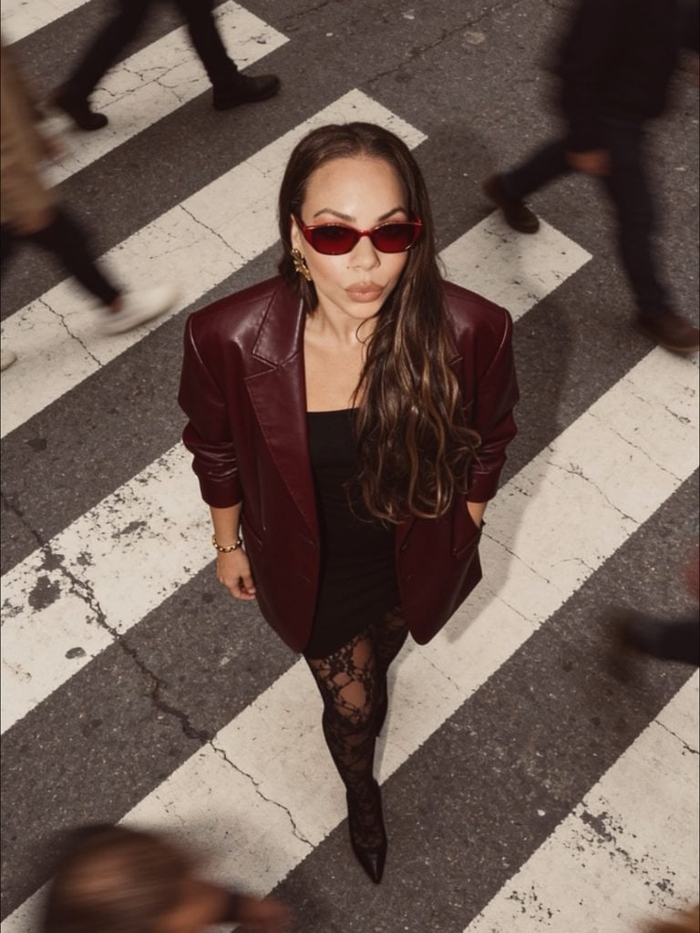 Burgundy Leather Blazer Over Black Dress With Lace Tights Burgundy Leather Blazer Over Black Dress With Lace Tights — Trendy Red Leather Jacket Outfit