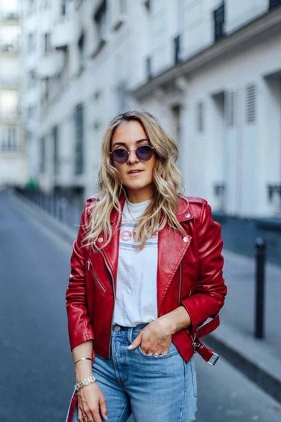 Vibrant Red Leather Biker Jacket With Graphic T-Shirt And Blue Jeans Vibrant Red Leather Biker Jacket With Graphic T-Shirt And Blue Jeans — Trendy Red Leather Jacket Outfit