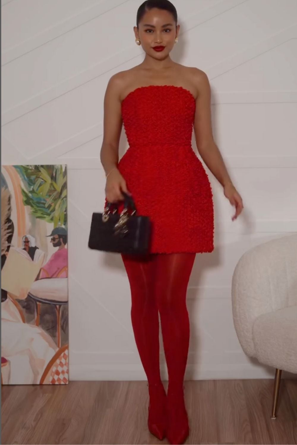 Monochromatic Red Mini Dress With Tights And Heels — Trendy Red Tights Outfit