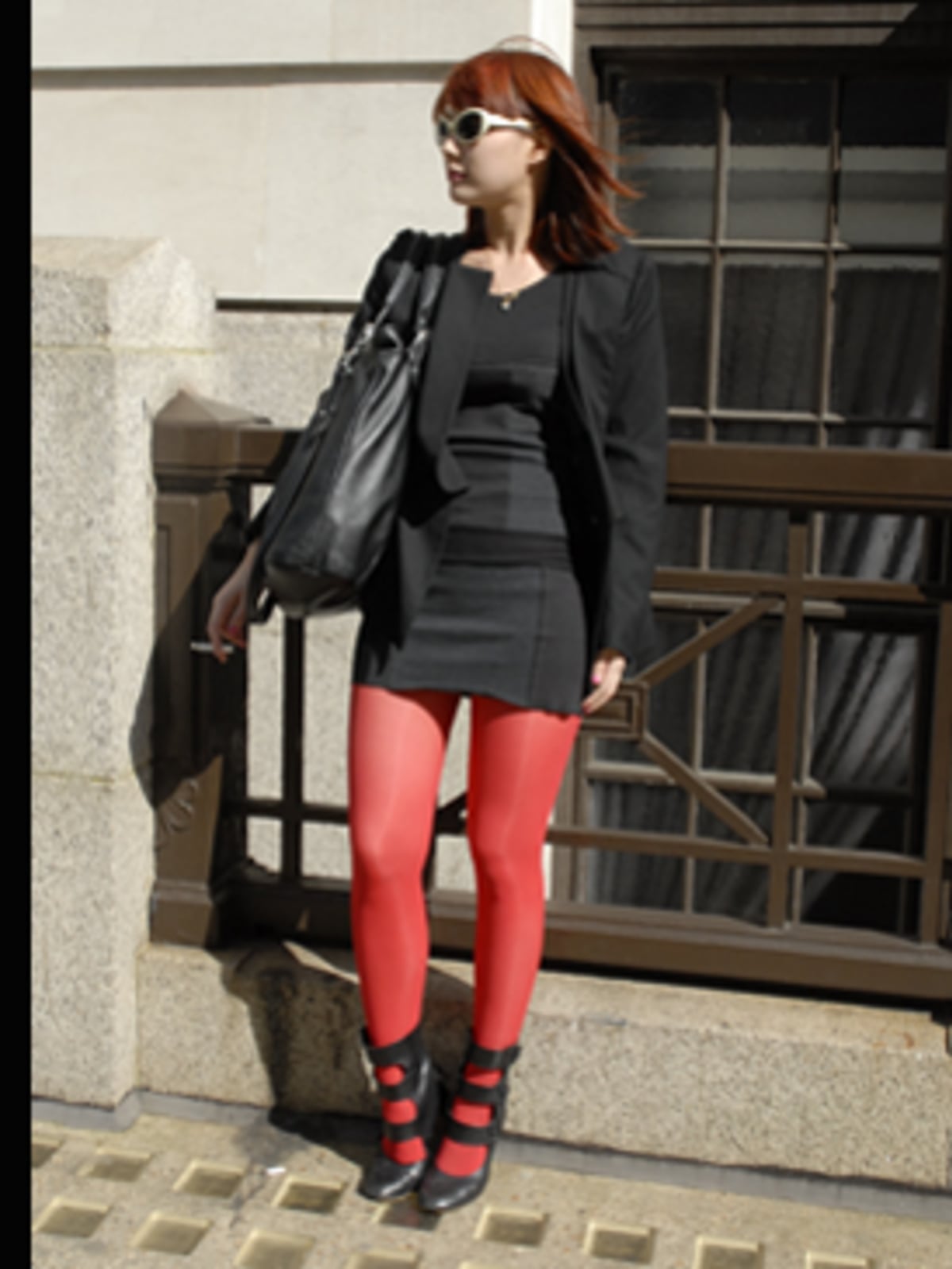 Red Tights With Black Blazer And Mini Dress — Trendy Red Tights Outfit