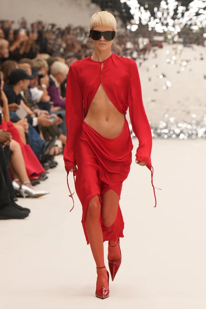 Red Cut-Out Dress With Matching Sheer Tights — Trendy Red Tights Outfit