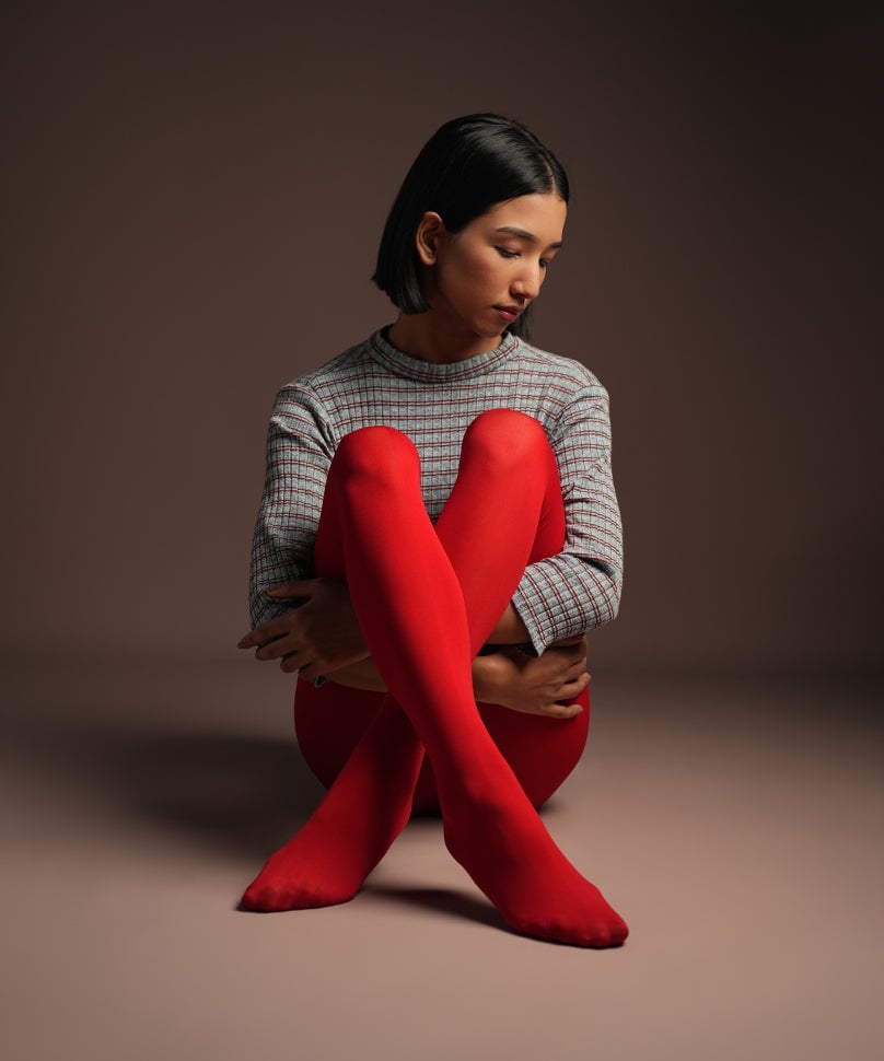Red Tights With Red Coat And Heart Handbag — Trendy Red Tights Outfit