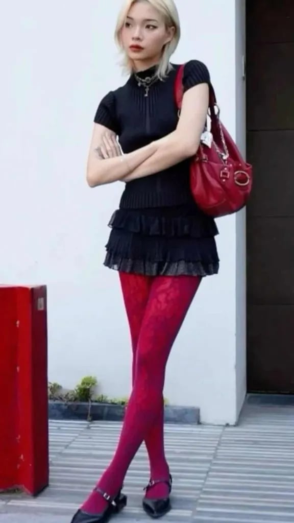 Textured Red Tights With Black Tiered Mini Skirt — Trendy Red Tights Outfit