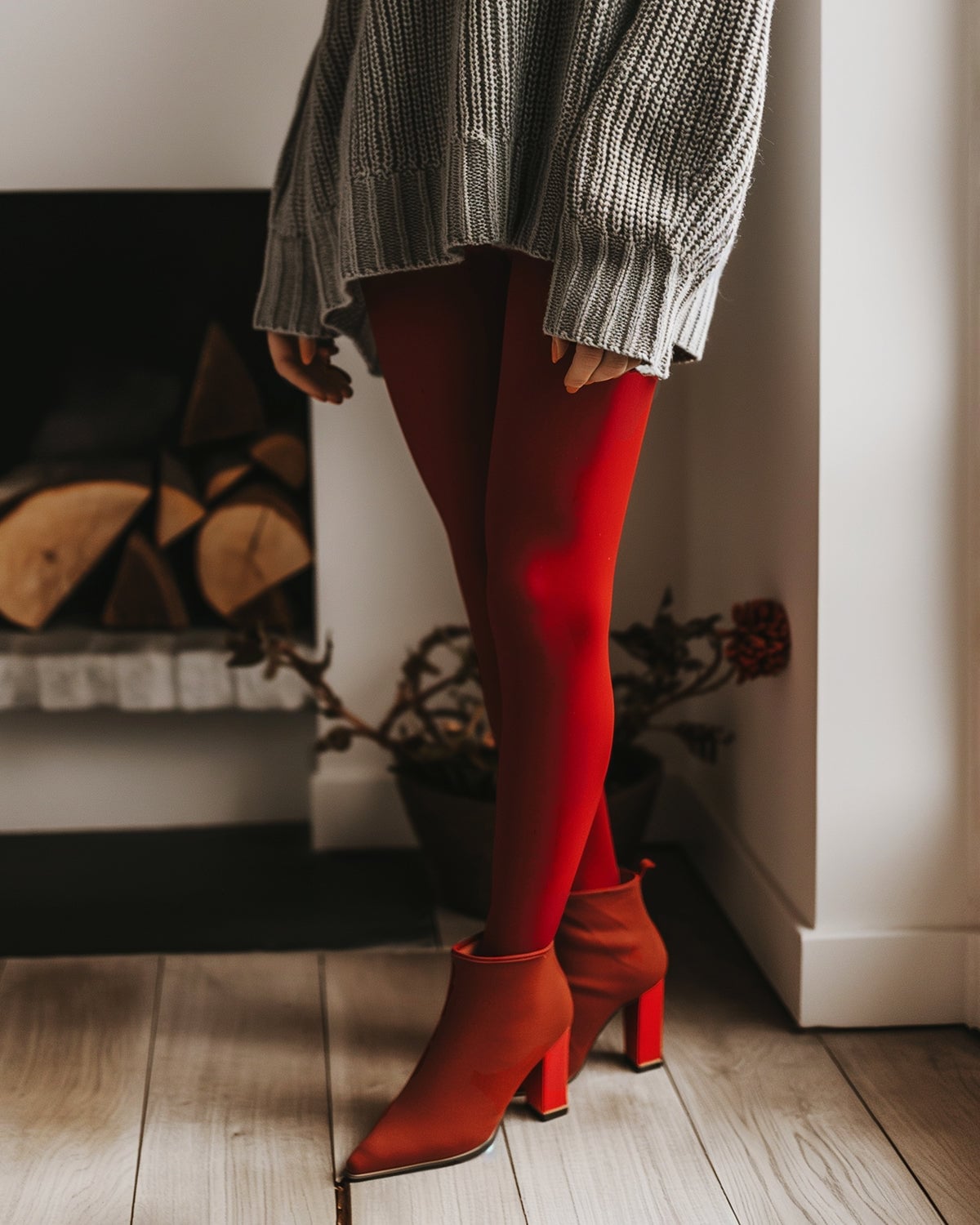Red Tights With Gray Oversized Sweater — Trendy Red Tights Outfit