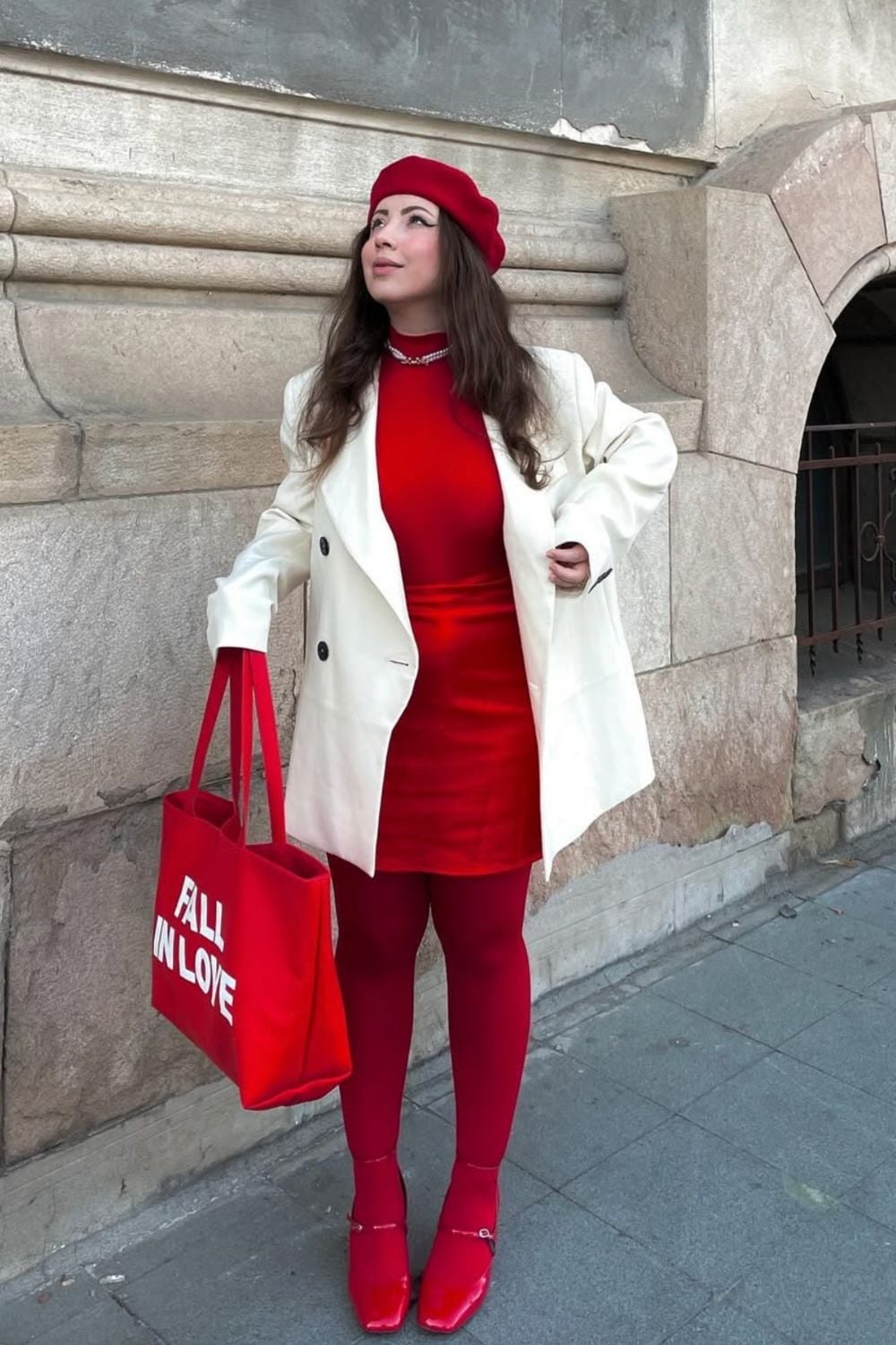 Red Turtleneck Dress With White Blazer And Red Beret — Trendy Red Tights Outfit