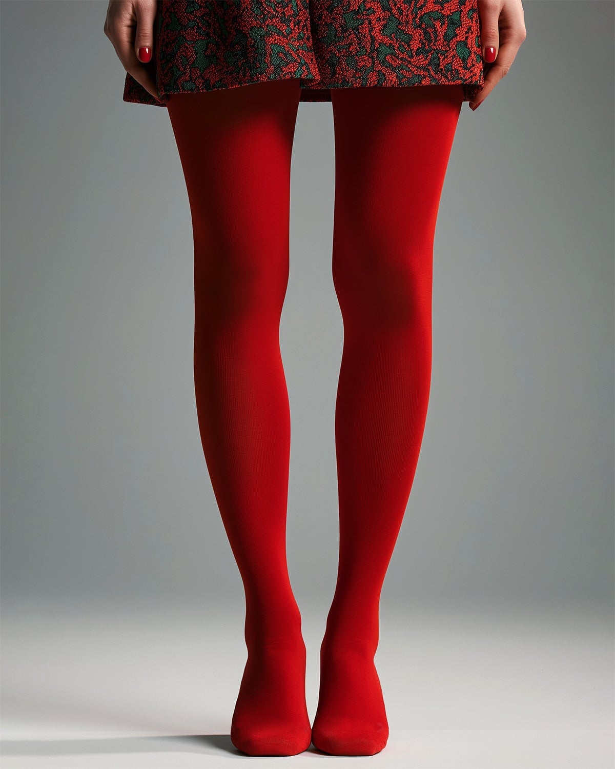Solid Red Tights With Patterned Mini Skirt — Trendy Red Tights Outfit