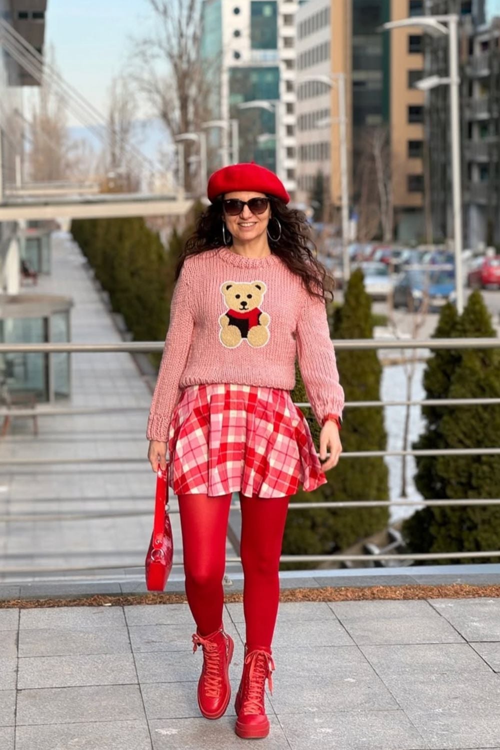 Red Tights With Pink Sweater And Plaid Skirt — Trendy Red Tights Outfit