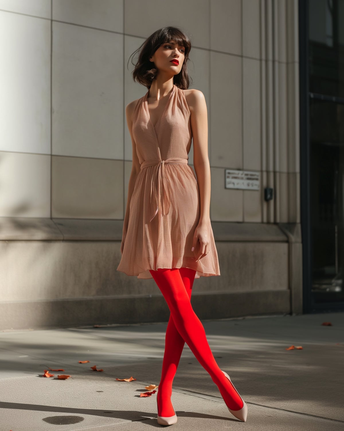 Red Sheer Tights With Beige Wrap Dress — Trendy Red Tights Outfit