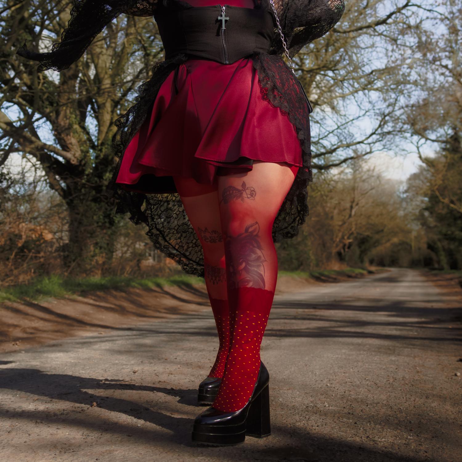 Red Polka Dot Tights With Satin Skirt And Lace Top — Trendy Red Tights Outfit