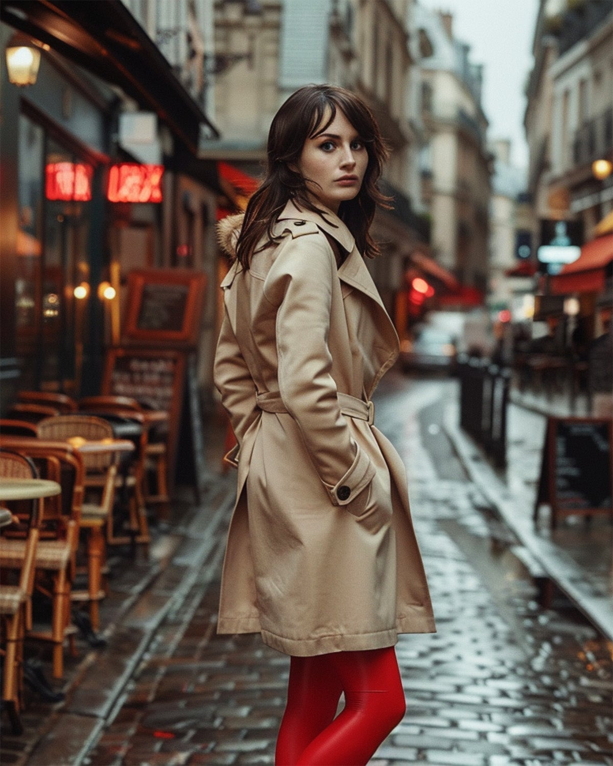Red Midi Dress With Camel Coat And Red Tights — Trendy Red Tights Outfit