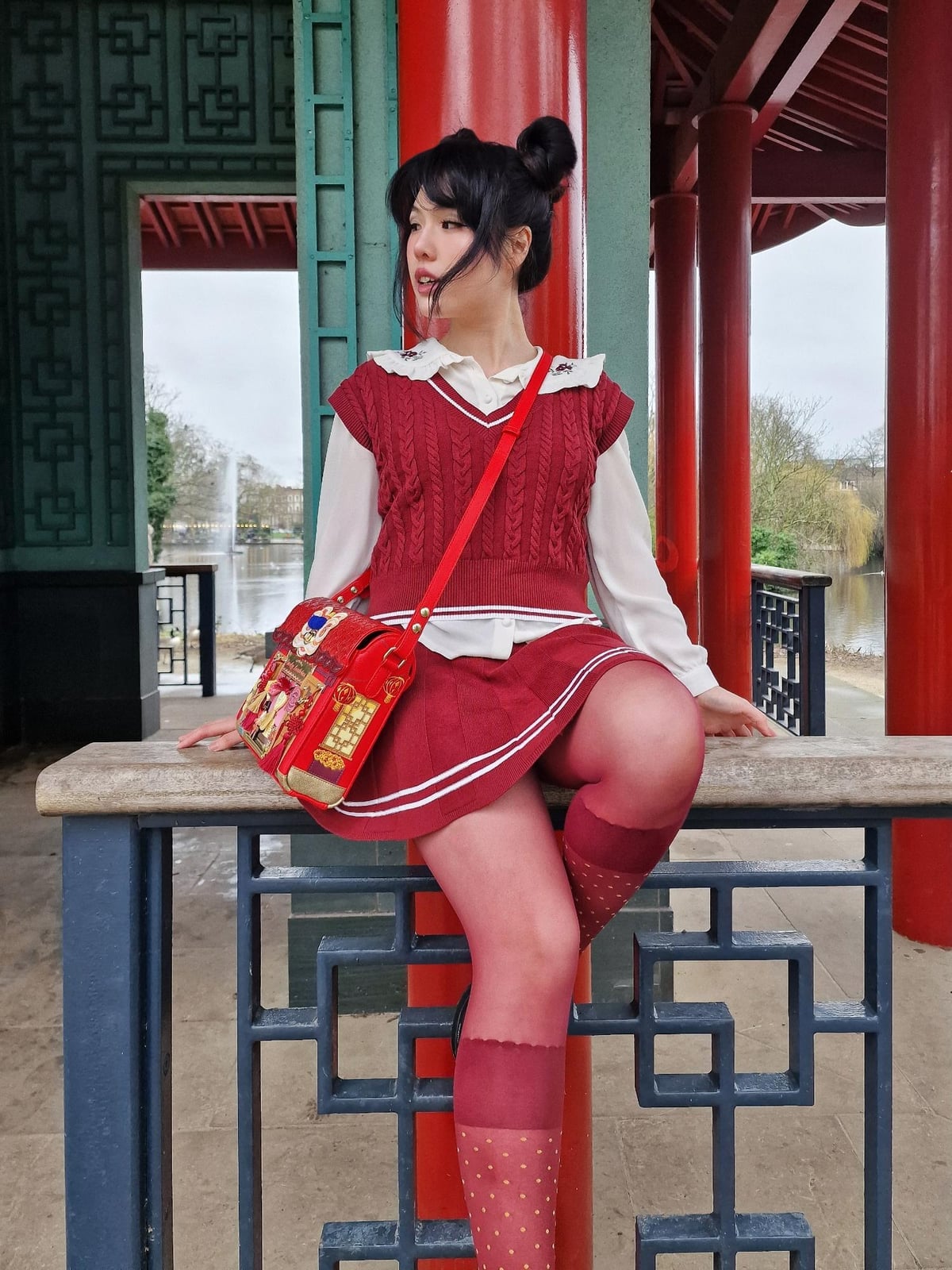 Red Patterned Tights With Red Vest And Plaid Skirt — Trendy Red Tights Outfit
