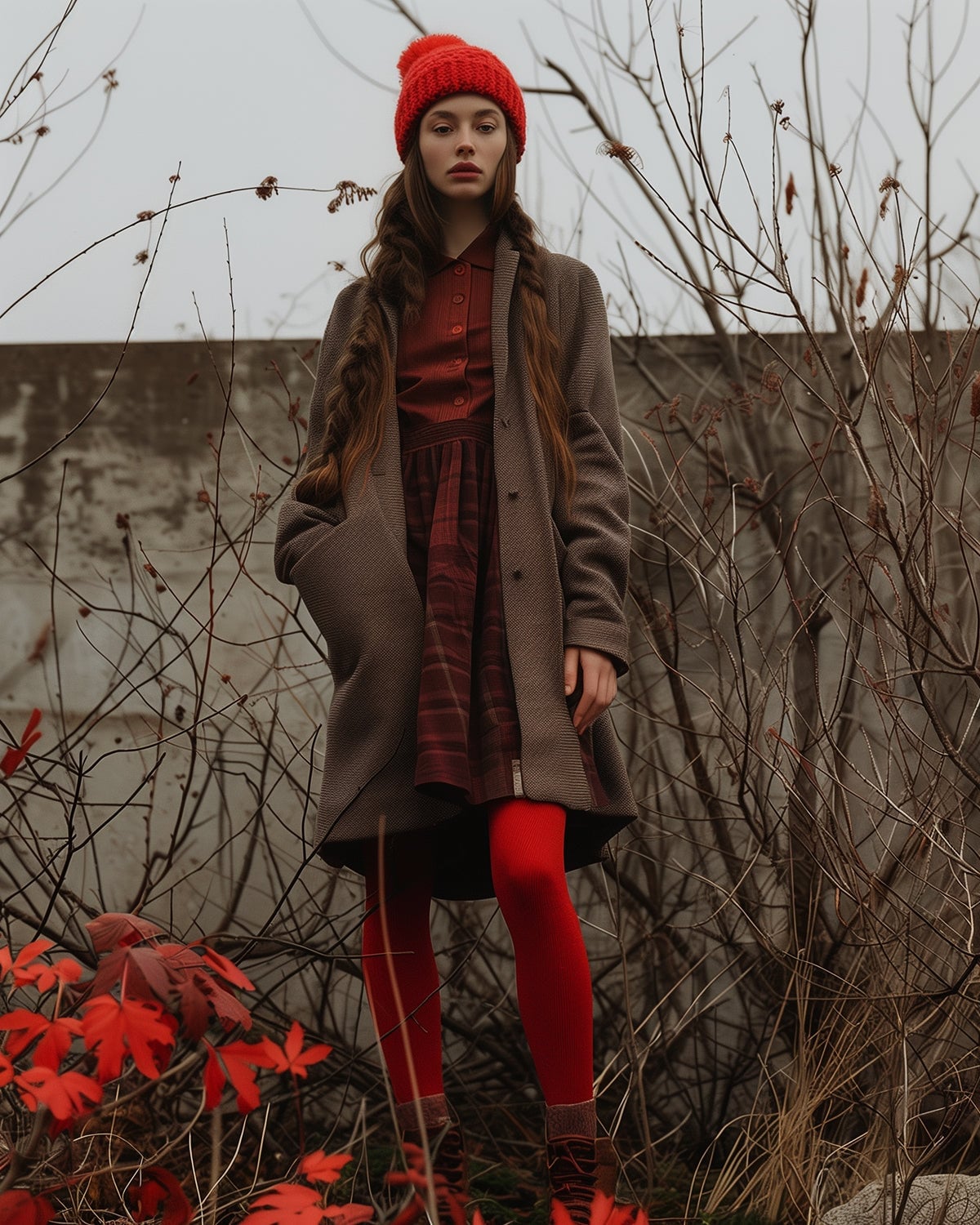 Red Tights With Red Plaid Dress And Gray Coat — Trendy Red Tights Outfit