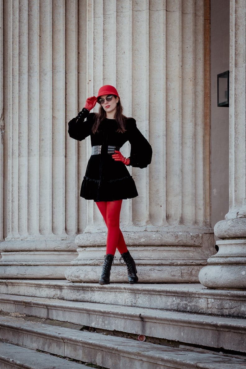 Red Tights With Velvet Mini Dress And Combat Boots — Trendy Red Tights Outfit