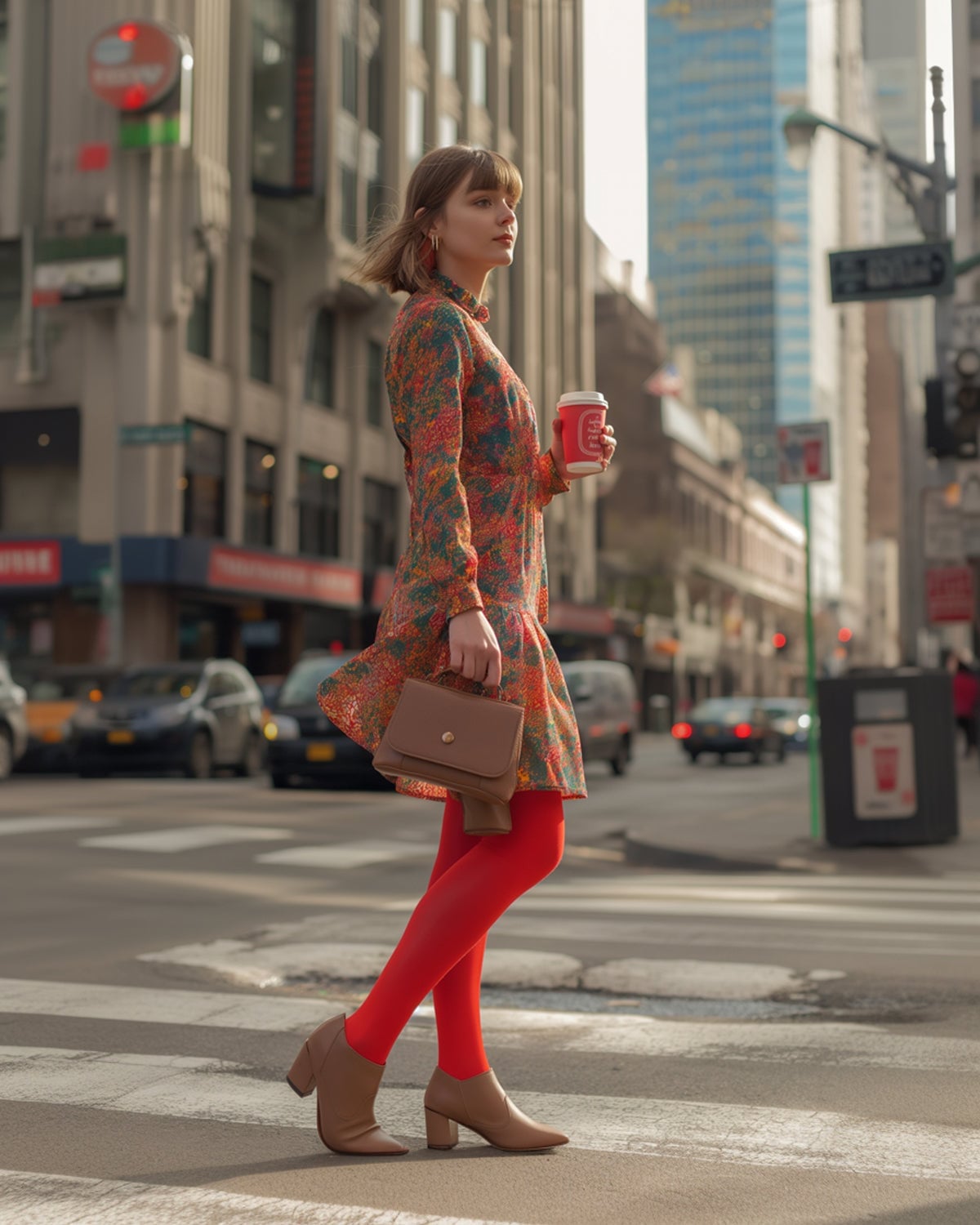 Floral Dress With Red Sheer Tights And Ankle Boots — Trendy Red Tights Outfit