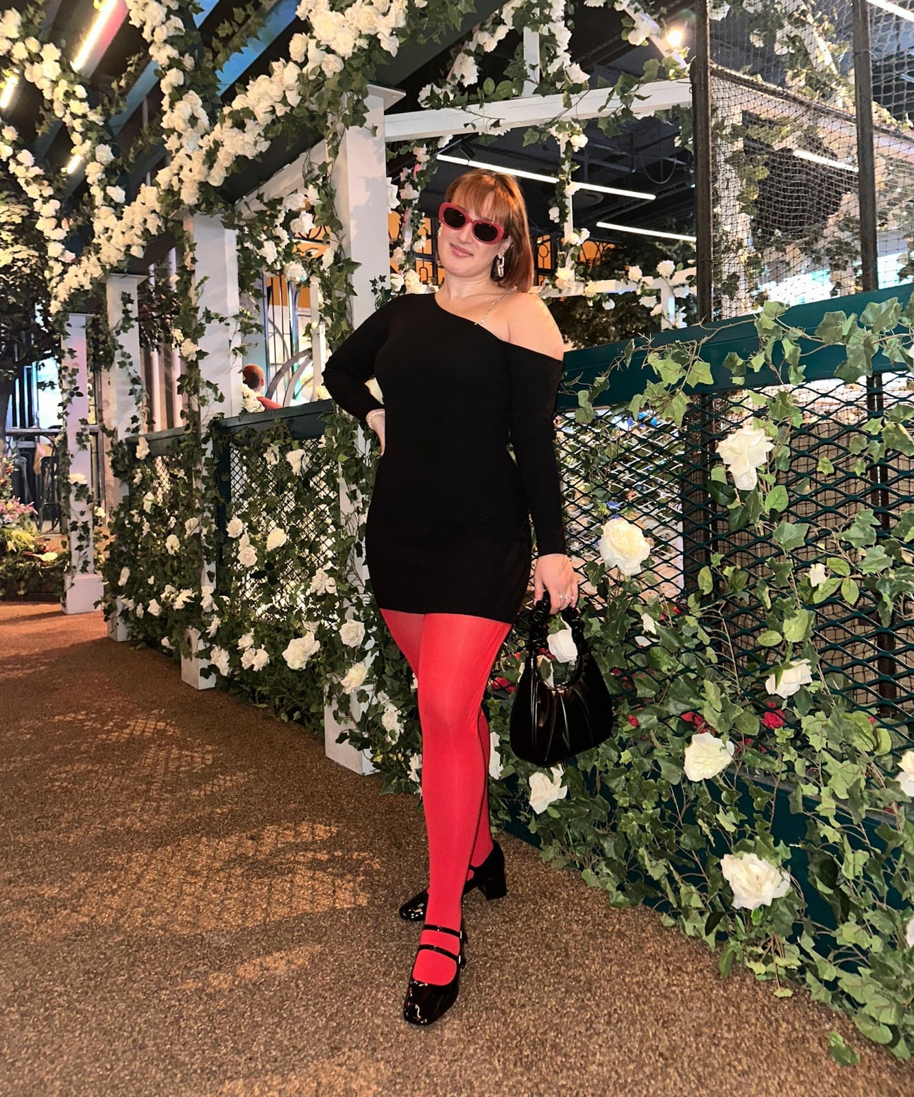 Red Tights With Off-Shoulder Mini Dress And Mary Janes — Trendy Red Tights Outfit