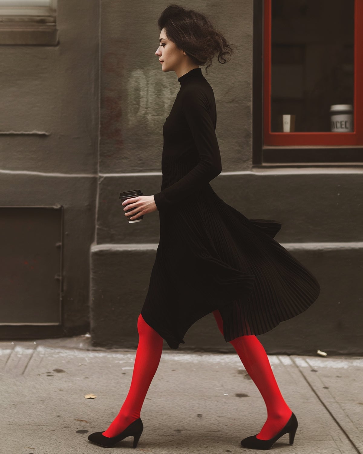 Red Sheer Tights With Black Pleated Midi Dress — Trendy Red Tights Outfit