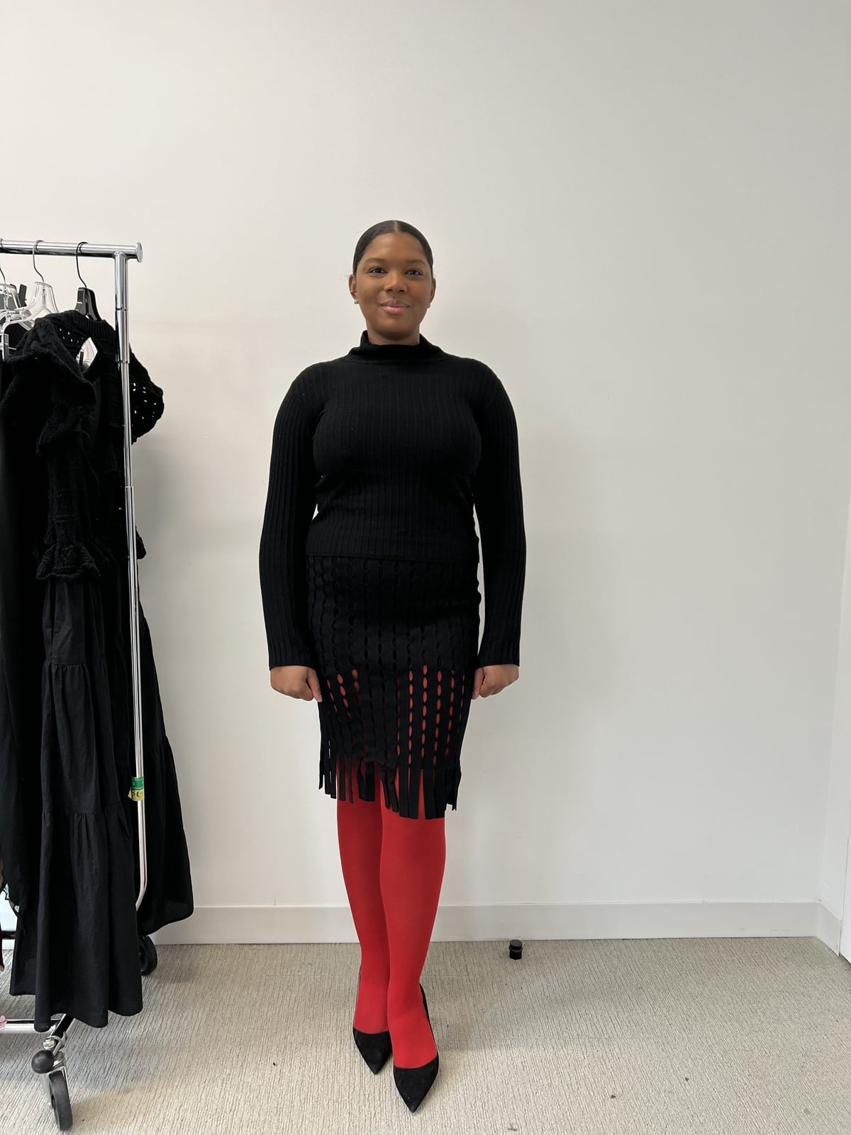Red Tights With Ribbed Sweater And Laser-Cut Skirt — Trendy Red Tights Outfit