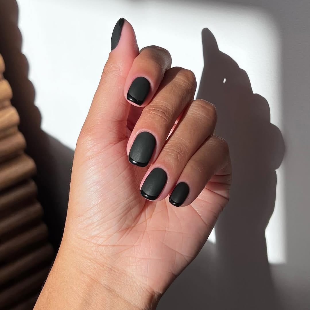 Matte Black With Glossy Tip Short Oval Nails — Trendy Short Black Nails