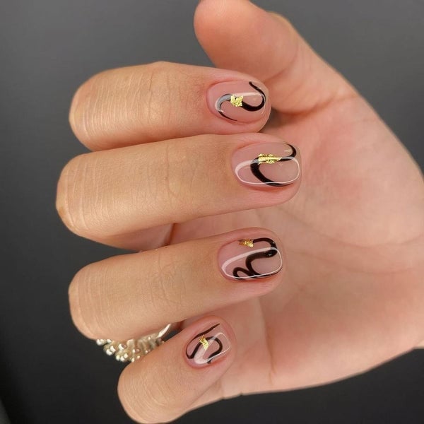 Short Square Nails With Abstract Lines And Gold Foil — Trendy Short Black Nails
