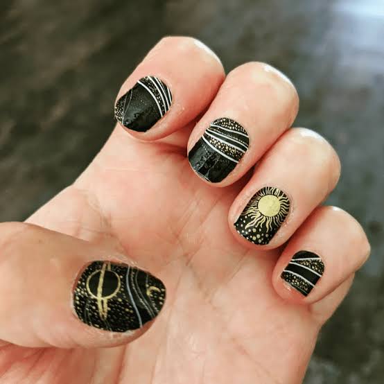Glossy Black Short Square Nails With Gold Celestial Motifs — Trendy Short Black Nails