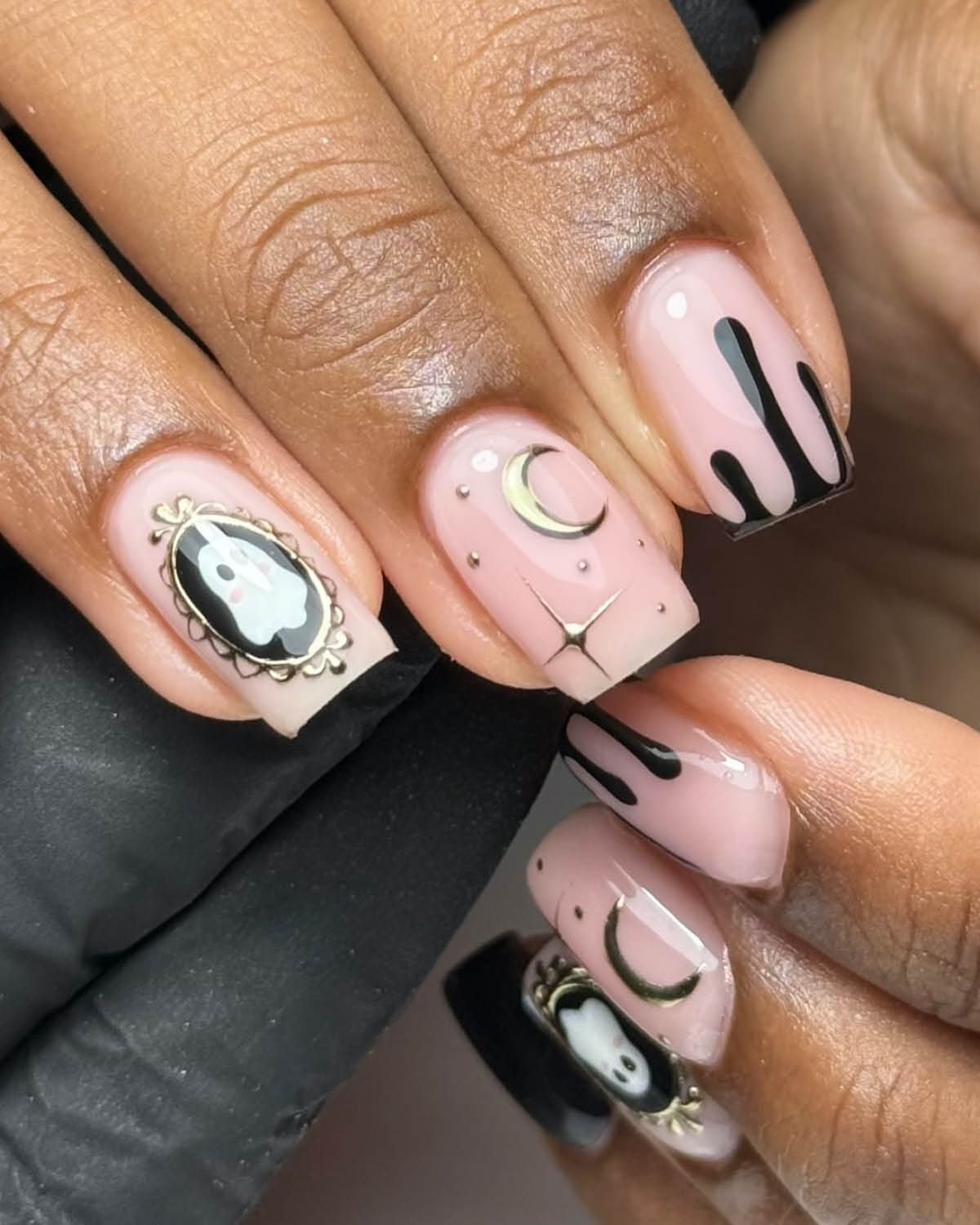 Halloween Short Square Nails With Ghost And Moon — Trendy Short Black Nails