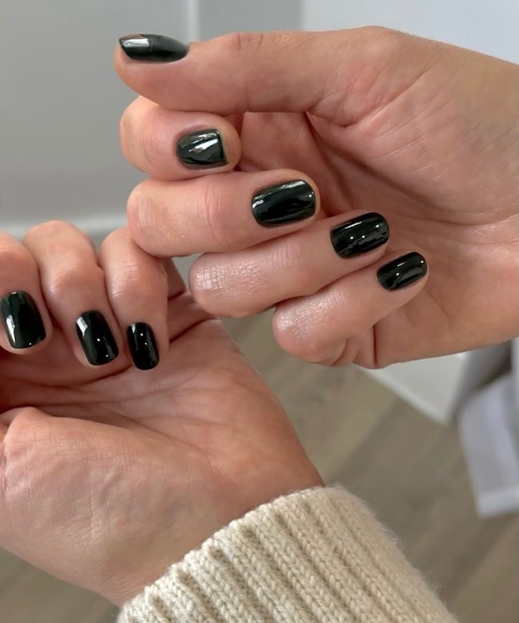 Glossy Dark Green Almost Black Short Square Nails — Trendy Short Black Nails