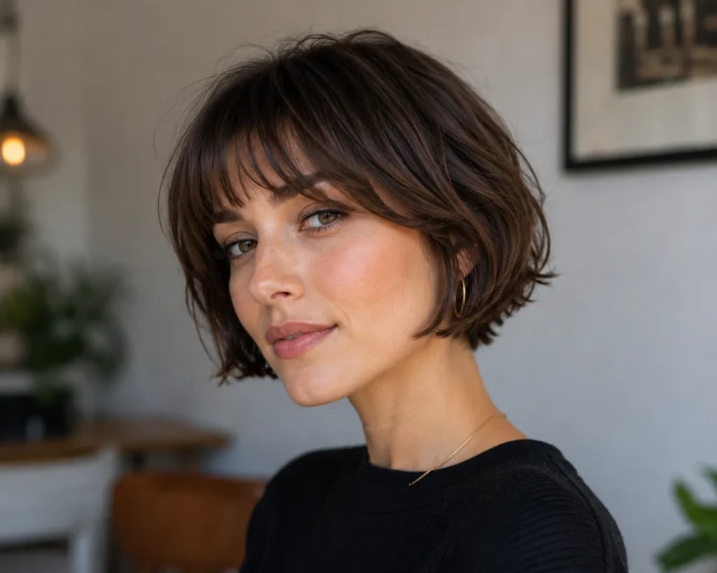 Chin Length Bob Soft Curtain Bangs Chin Length Bob Soft Curtain Bangs — Trendy Short Hair Hairstyles